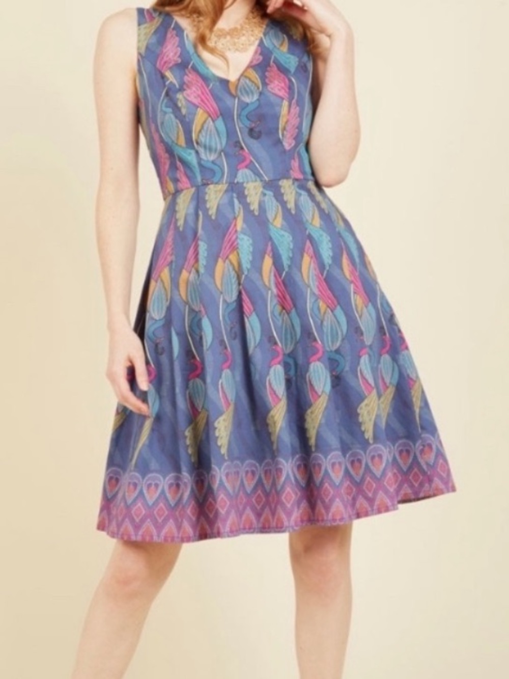 ModCloth Bijou Joys A-Line Dress Peacock Print S
